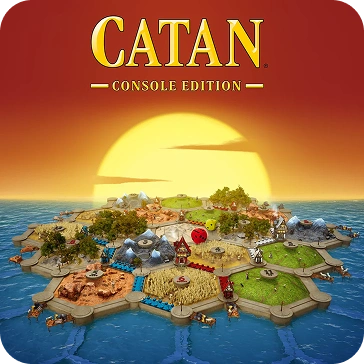 speldoos van Catan Console Edition met eilandlandschap en zonsondergang