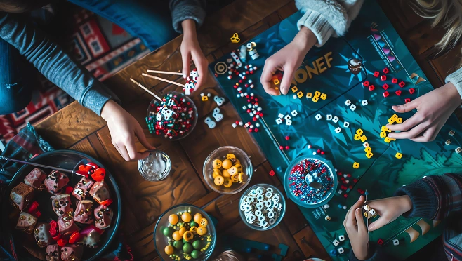 Mensen zitten rond een bordspel en schikken de kleurrijke speelstukken. Op de tafel staan hapjes, snoepjes en drankjes. De sfeer is speels en gezellig.